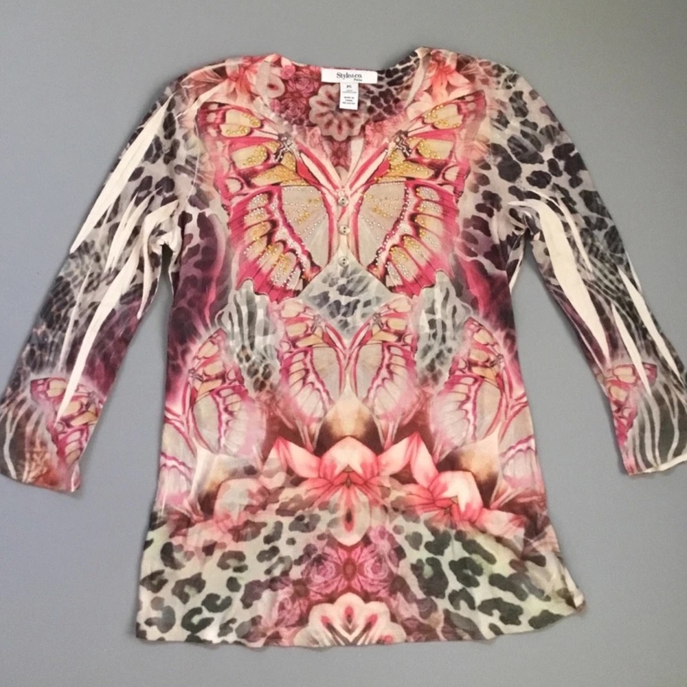 STYLE & CO Butterfly Embellished Fairy Boho Top Ribbed PS Petite